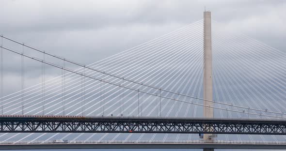 Queensferry and Forth road bridge with rush hour traffic