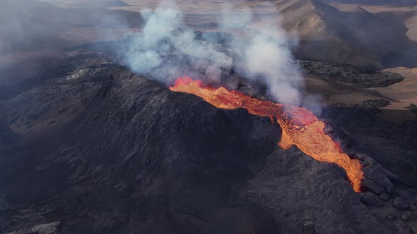 Drone Over Fagradalsfjall Volcano Erupting With Molten Lava