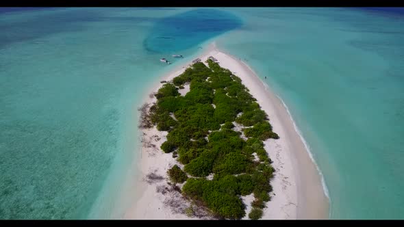 Aerial flying over scenery of beautiful lagoon beach wildlife by aqua blue sea and white sand backgr