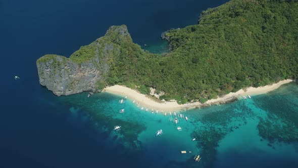 Philippines Island Aerial: Boats at Ocean Harbor Near White Sand Beach. Amazing Asia Seascape