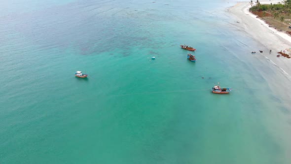 Professional Fishing Boat, Drone Shooting of an Asian Fishing Schooner, Boat with Seaweed on Board