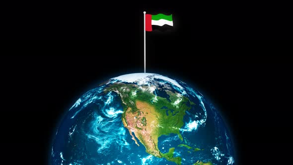3d Rotated Planet Earth On Flying United Arab Emirates Flag Animation