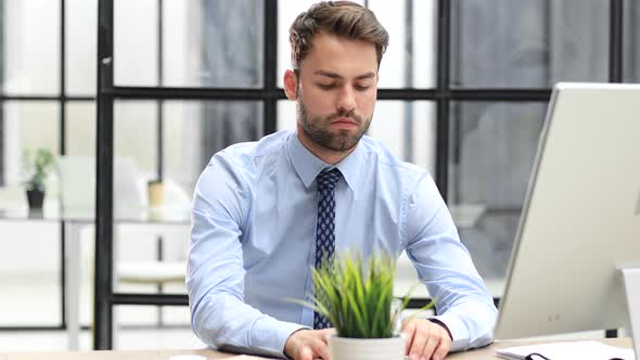 Young modern business man working using computer while sitting in the office.