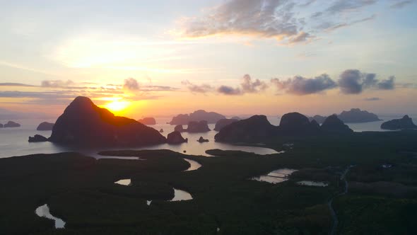 Aerial view Landscape mountain and river or lake tourist Samet Nangshe Bay, Phang Nga Thailand.