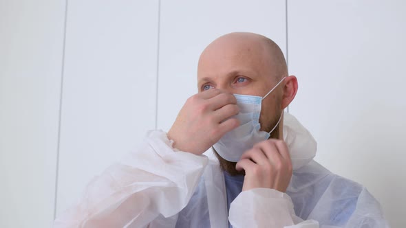 A Bald Bearded Male Medical Worker Puts on Protective Clothing Goggles and a Mask Before His Shift