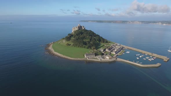 St Michaels mount in Cornwall on a sunny day, aerial view