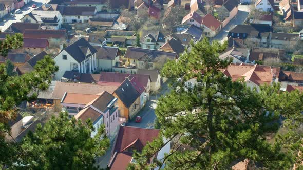 An aerial view of an old European city from the forest