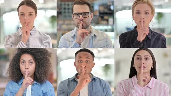 Collage of Multiple Race People Showing Quiet Sign Finger on Lips