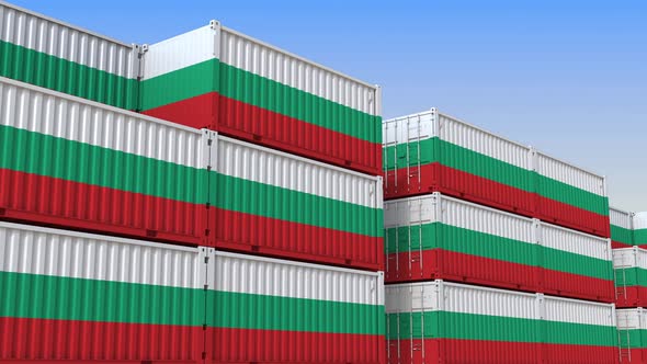 Container Terminal Full of Containers with Flag of Bulgaria