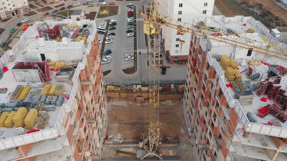 Aerial View of the Construction Site of Two Residential Buildings in a New Area