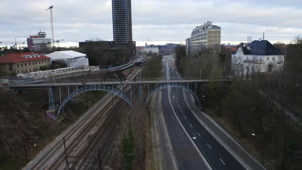 Drone Over People Crossing Bridge Of Vesterbro