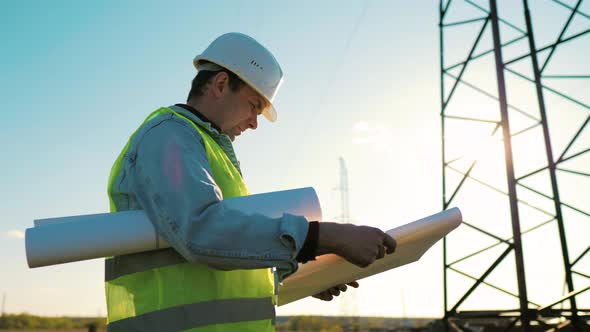 Architect Worker Checking Construction Project On Electric Tower