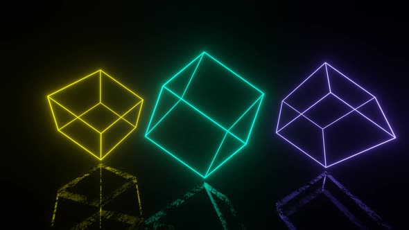 Neon glowing boxes in dark space with reflections on the floor. Seamless loop simple animation