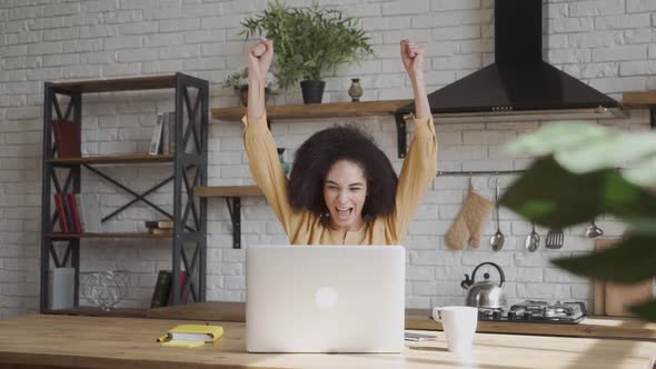 Excited African Girl Rejoice Internet Success Celebrate Online Bid Win Victory Receiving Good Exam