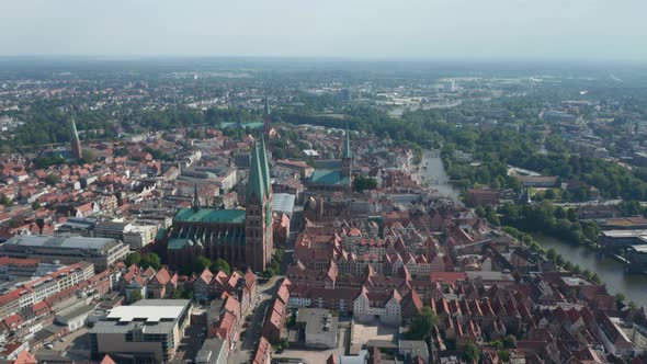 Aerial Panoramic View of Old Town with Red Brick Houses Churches and Buildings