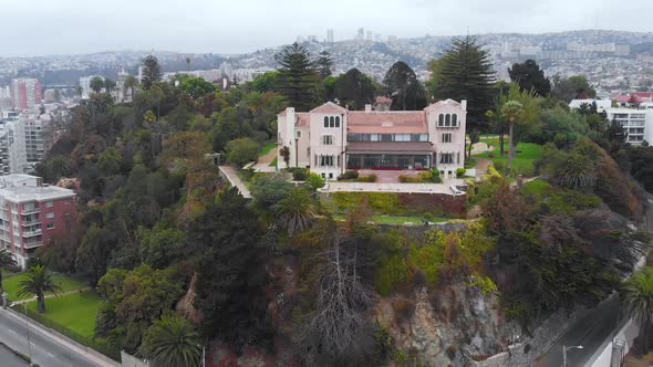 Palace of Cerro Castillo (Vina del Mar, Chile) aerial view, drone footage