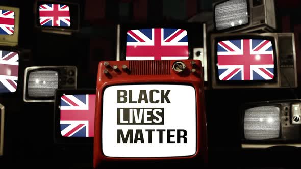 Black Lives Matter Logo and UK Flags on Retro TVs.