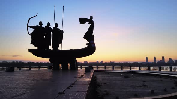 Kyiv, Ukraine - a Monument To the Founders of the City in the Morning at Dawn. Aerial