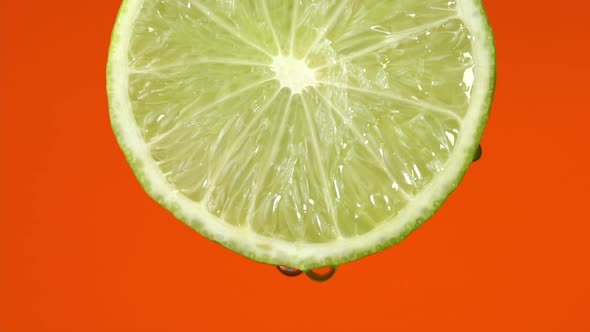 Water drops falling from juicy lime on red background. Lime slice and water splashing, drops