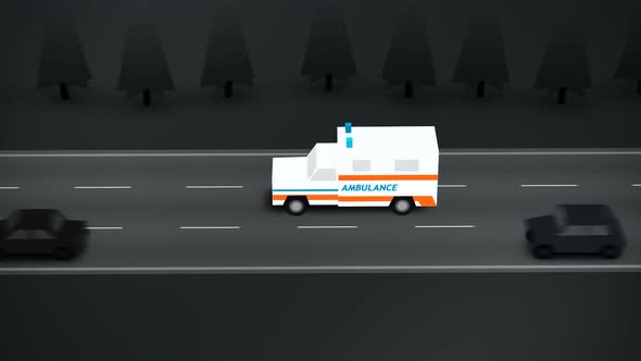 A busy highway.An ambulance with the flashing lights on the emergency call