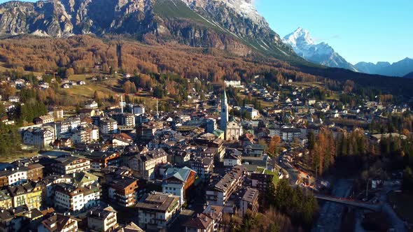 Flight Over Cortina d Ampezzo in the Dolomites Italian Alps  Aerial View
