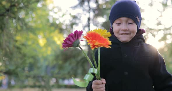 Little Boy Walking in a Park with Flowers