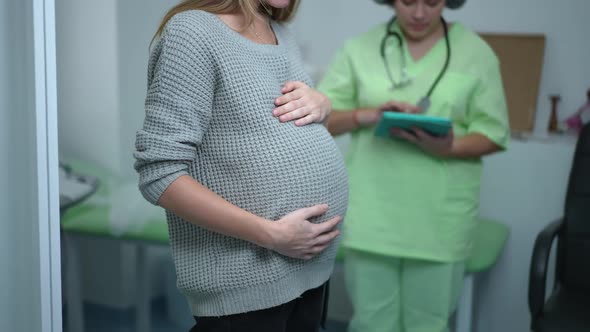 Side View Young Unrecognizable Pregnant Woman Stroking Belly with Blurred Doctor Using Tablet