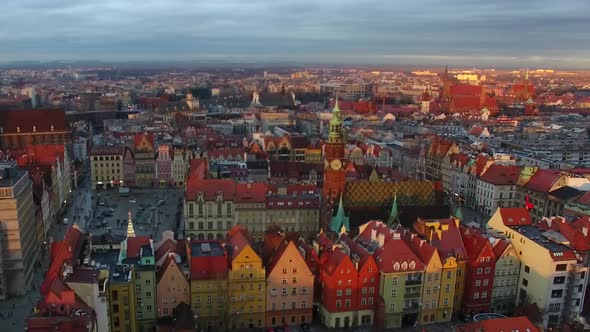 Aerial: Old town of Wroclaw at evening time