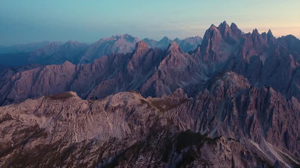 Aerial view of the mountains at sunset, Dolomites. Italy