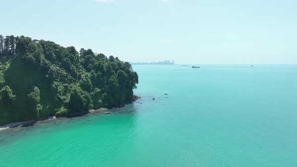 Aerial view of the Black sea coast. The Botanical Garden of Batumi, located at area of Green Cape