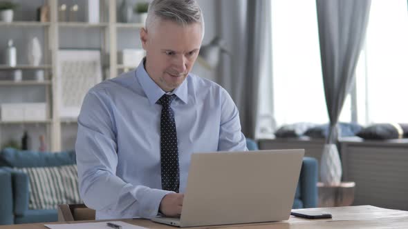 Excited Gray Hair Businessman Celebrating Success, Working on Laptop