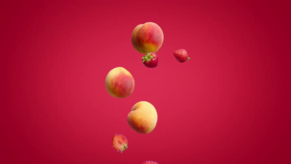 Peaches and Halves of Strawberries Falling on a Red Background