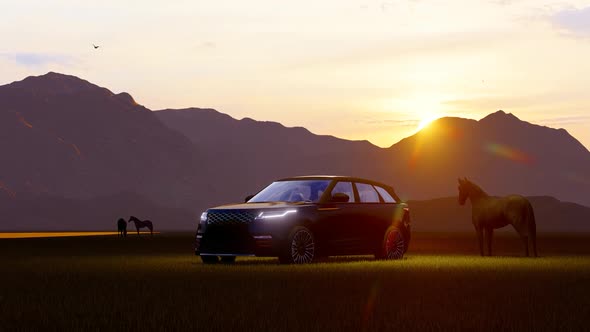 Black Luxury Off-Road Vehicle and Horses Standing in Mountainous Area at Sunset View