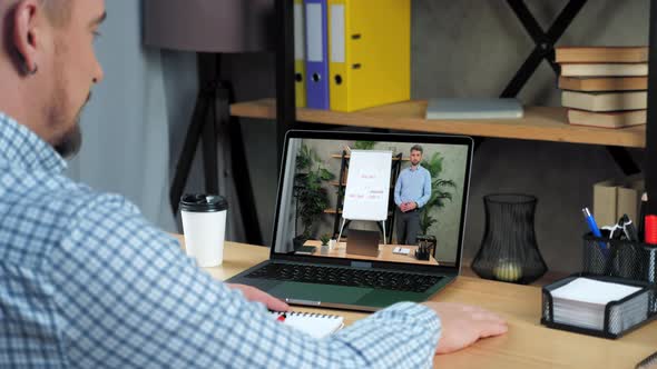 Man Employee in Laptop Screen Report CEO Point Marker Diagram on Whiteboard