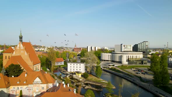 Aerial Bydgoszcz skyline over old town with a view of Opera Nova, river Brda and Silownia dla Ryb