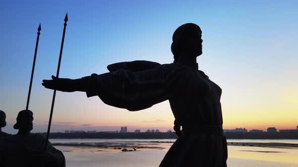 Kyiv, Ukraine - a Monument To the Founders of the City in the Morning at Dawn. Aerial