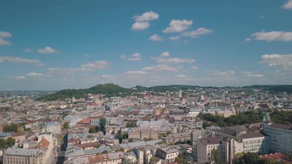 Aerial City Lviv, Ukraine. European City. Central Part of Old European City