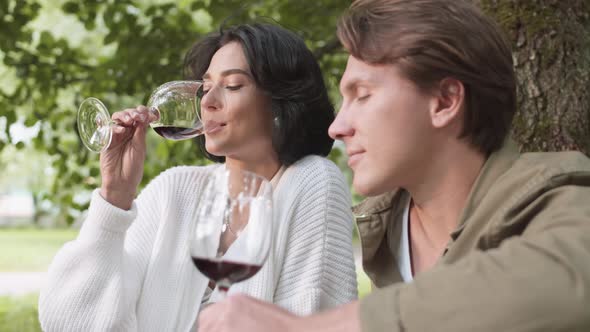 Young Couple Drinking Wine during Picnic