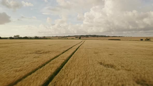 Aerial Shot Above Endless Field Horizon and Few of Houses From Afar