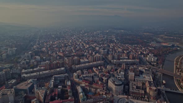 Aerial view of the cityscape of Skopje, the capital city in North Macedonia