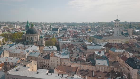 Aerial City Lviv, Ukraine. European City. Popular Areas of the City. Dominican