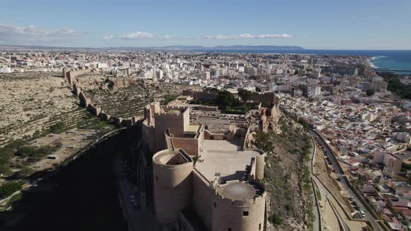 Flyover Almería Alcabaza fortified walls, Cityscape as Background, Andalusia