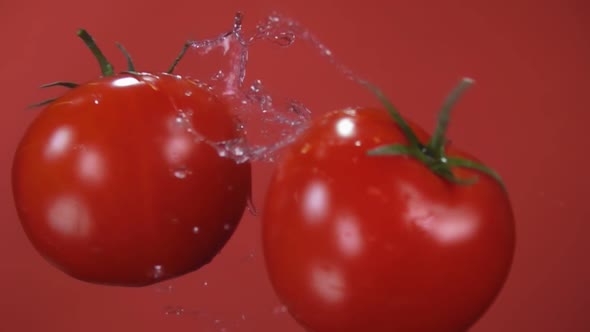 Two Ripe Red Juicy Tomatoes Are Colliding on the Red Background