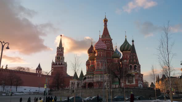 Sunset view of Saint Basil Cathedral and Spasskaya Tower on Red Square. Moscow