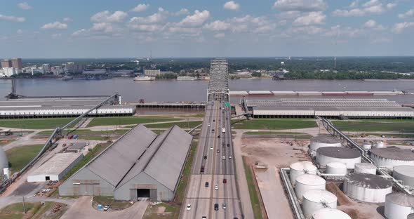 Aerial of cars driving over the Horace Wilkinson Bridge in Baton Rouge, Louisiana