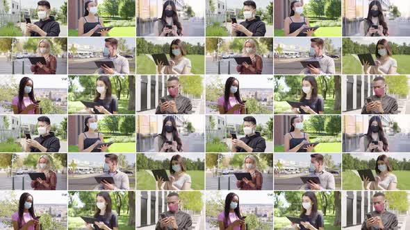 Compilation  Group of Multicultural People with Face Mask Works on Smartphones and Tablets