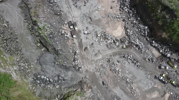 Aerial view of sand and stone mining activity in Merapi mountain Indonesia.