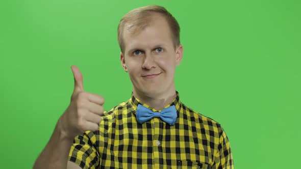 Caucasian Fashionable Man Show Thumbs Up, Guy in Yellow Shirt, Chroma Key