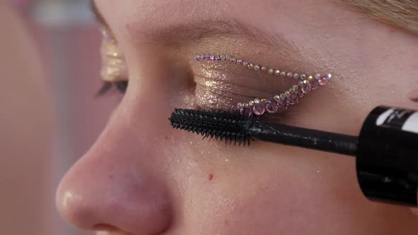 Professional Makeup Artist Holds Mascara on the Eyelashes of a Young Beautiful Girl Model Making