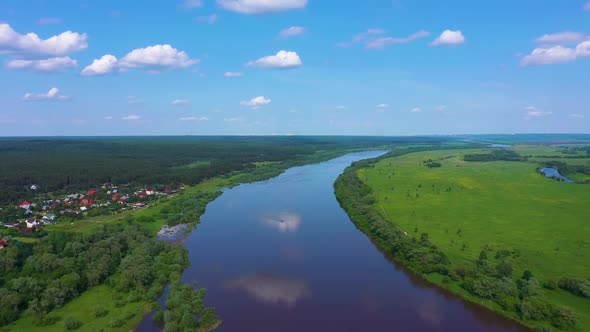 Oka River, Meadow and Forest on Sunny Summer Day, Russia, Aerial View